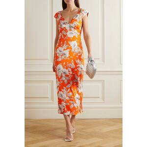 Erdem Garnelle Floral Print Stretch Satin Midi Dress Orange Size US 4